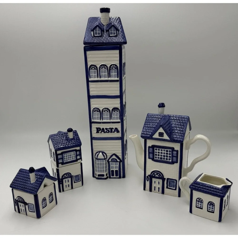 Vtg CKAO Blue White Ceramic House Canister Set 5pc w Lids Pasta Tea Cottagecore